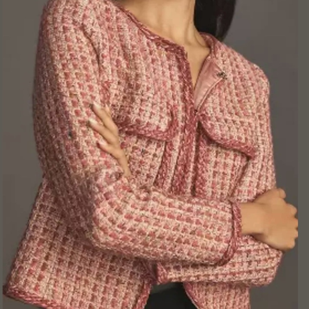Anthropologie chic pink tweed jacket with gold thread, size medium.